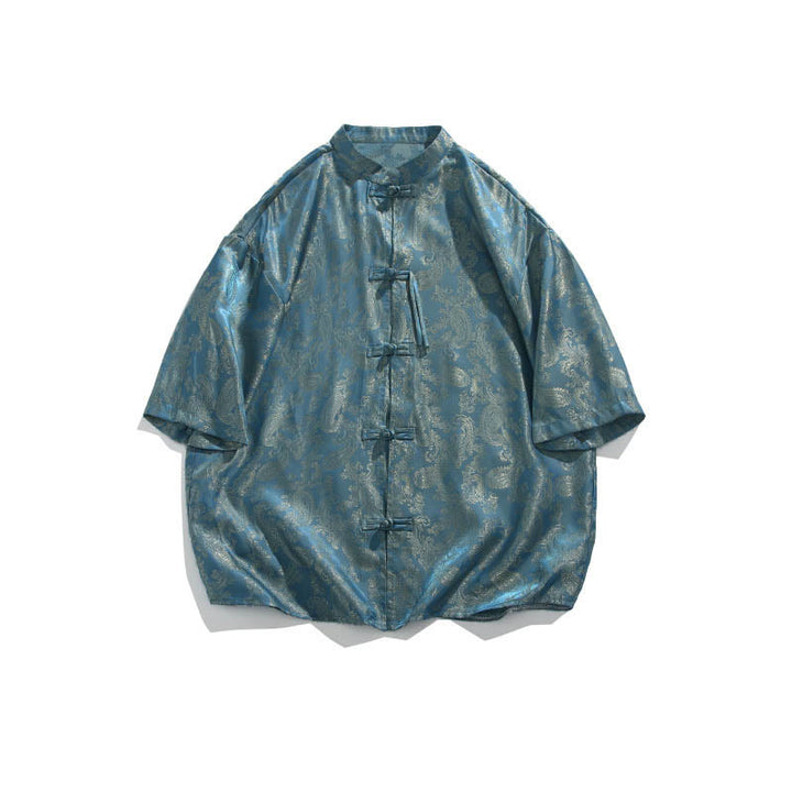 Buddha Stones 夏用カエルボタン半袖つる葉花柄メンズシャツ - image 7