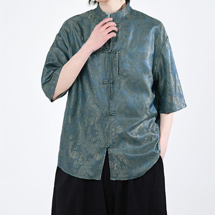 Buddha Stones 夏用カエルボタン半袖つる葉花柄メンズシャツ - image 4