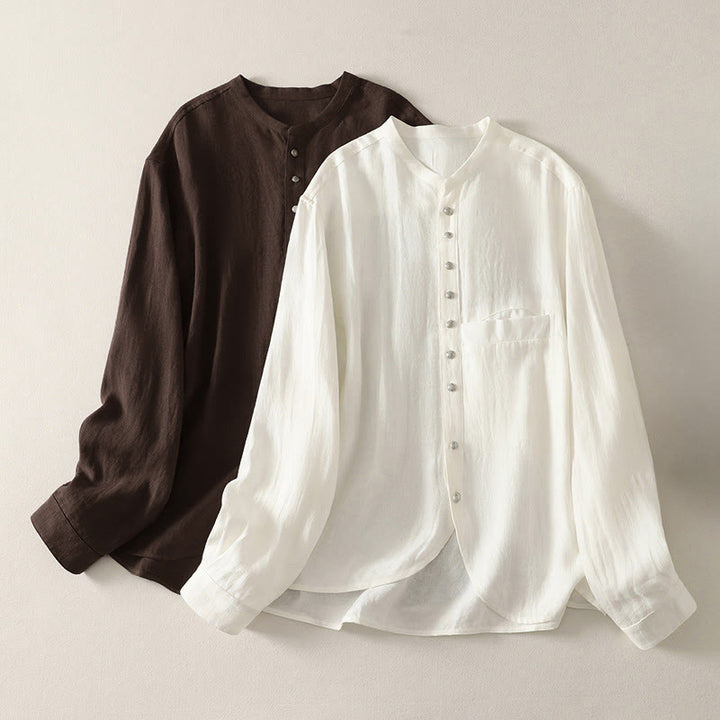 Buddha Stones 春の無地Vネック長袖レディースコットンシャツ - image 15