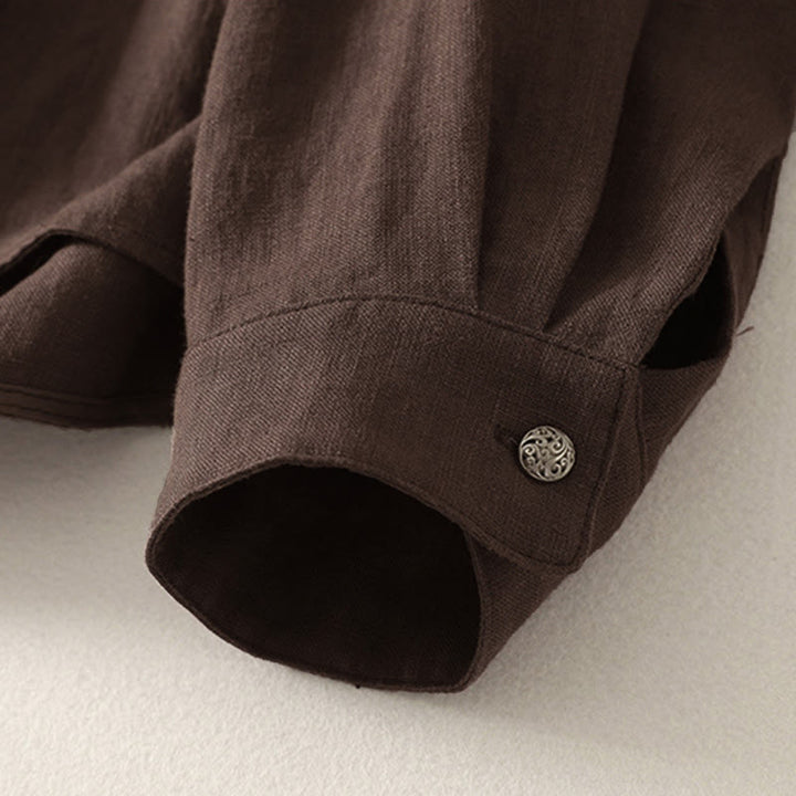 Buddha Stones 春の無地Vネック長袖レディースコットンシャツ - image 2