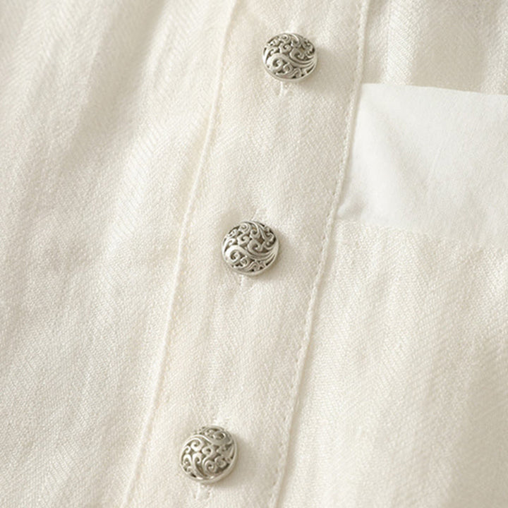 Buddha Stones 春の無地Vネック長袖レディースコットンシャツ - image 11