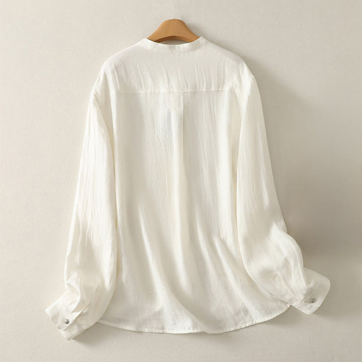 Buddha Stones 春の無地Vネック長袖レディースコットンシャツ - image 6