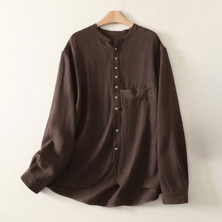 Buddha Stones 春の無地Vネック長袖レディースコットンシャツ - サドルブラウン - US8-10，UK/AU12-14，EU40-42 (2XL) - image 0