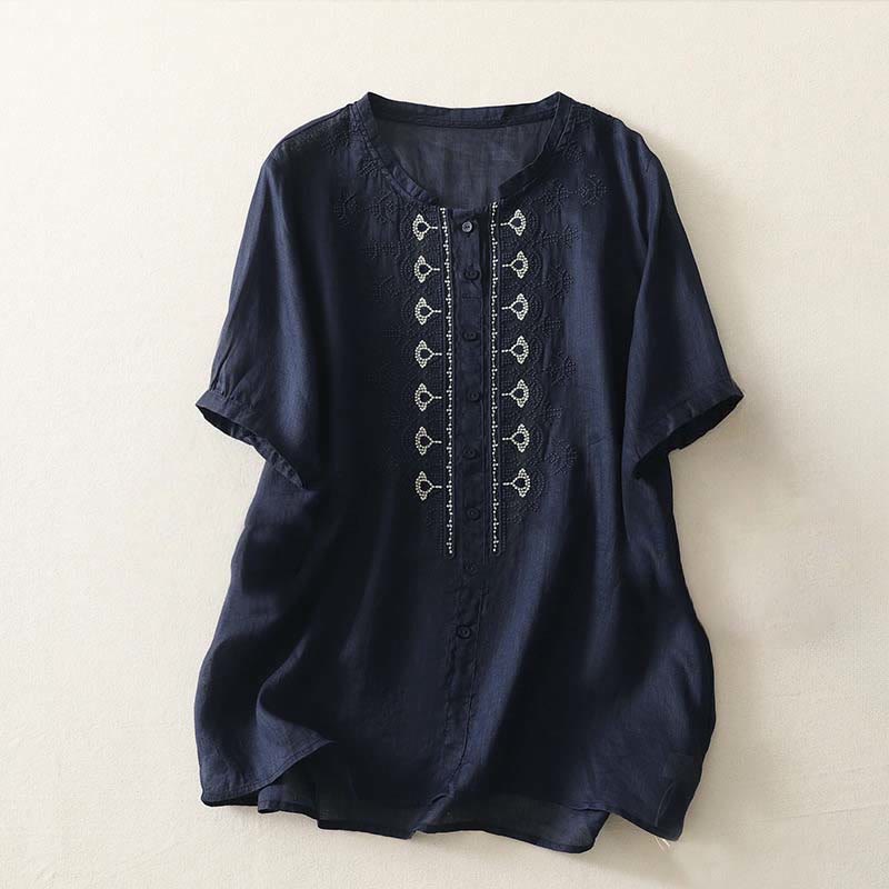 Buddha Stones 夏用花柄クルーネック半袖レディースポリエステルシャツ - ミッドナイトブルー - US12、 UK/AU16、 EU44 (2XL) - image 0