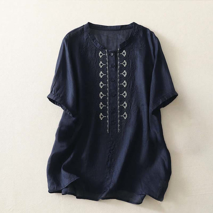 Buddha Stones 夏用花柄クルーネック半袖レディースポリエステルシャツ - ミッドナイトブルー - US12、 UK/AU16、 EU44 (2XL) - image 0