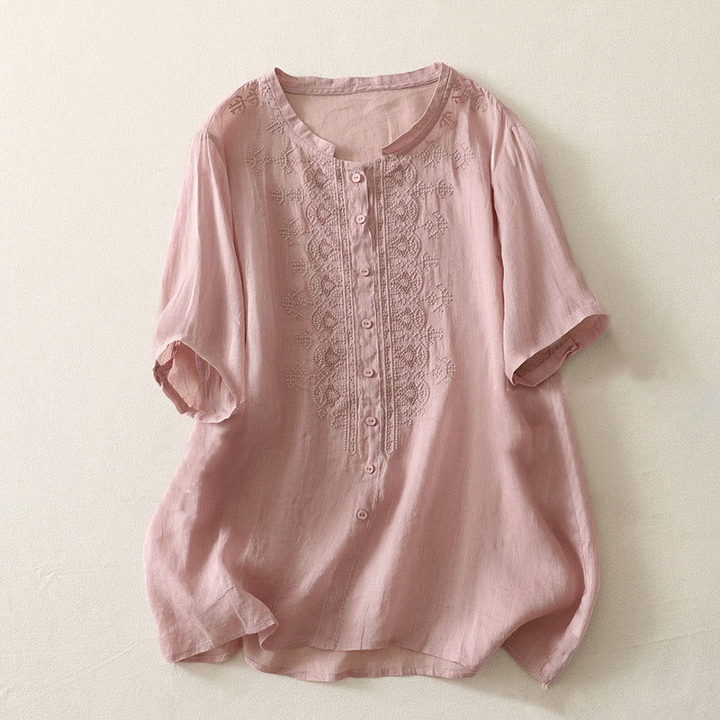 Buddha Stones 夏用花柄クルーネック半袖レディースポリエステルシャツ - ピンク - US12、 UK/AU16、 EU44 (2XL) - image 5