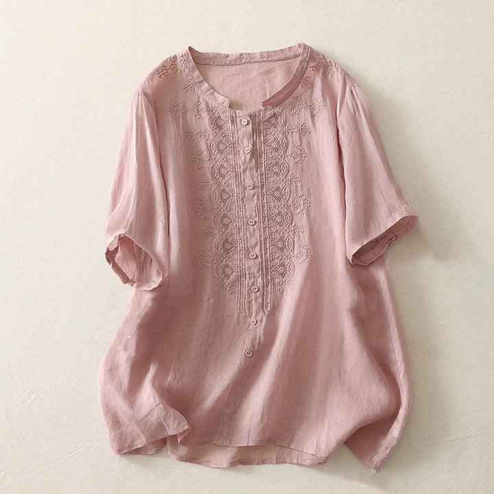 Buddha Stones 夏用花柄クルーネック半袖レディースポリエステルシャツ - ピンク - US12、 UK/AU16、 EU44 (2XL) - image 5