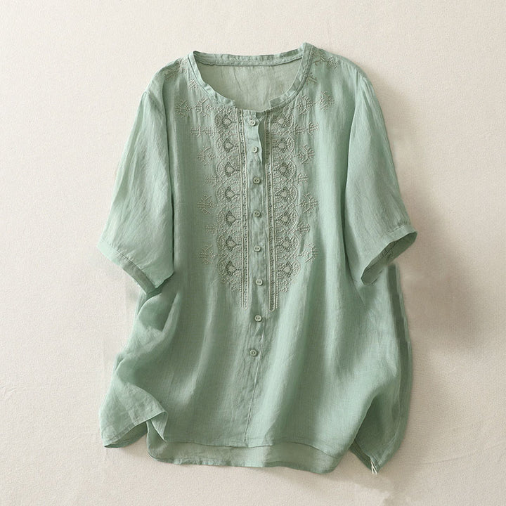 Buddha Stones 夏用花柄クルーネック半袖レディースポリエステルシャツ - 薄手生地ミディアムアクアマリン - US12、 UK/AU16、 EU44 (2XL) - image 10