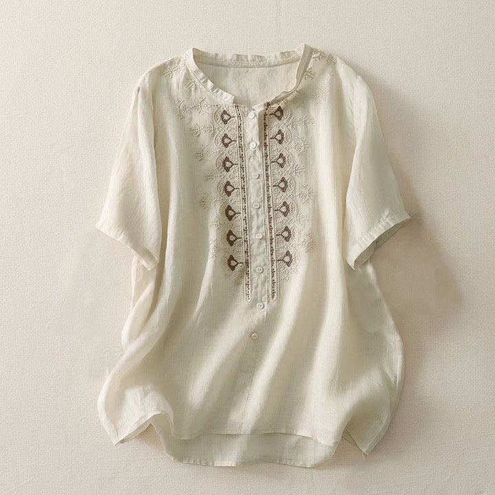 Buddha Stones 夏用花柄クルーネック半袖レディースポリエステルシャツ - ベージュ - US12、 UK/AU16、 EU44 (2XL) - image 14