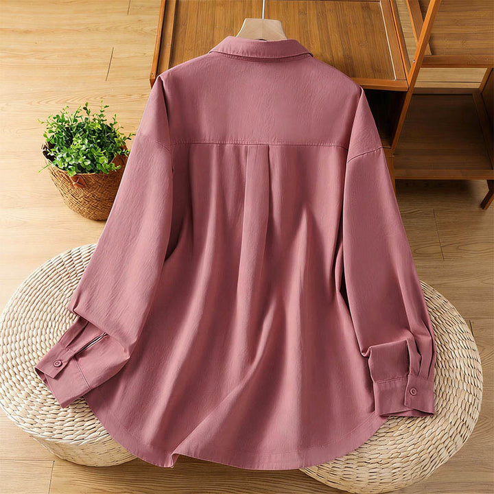 Buddha Stones 春の無地ラペル長袖レディースコットンシャツ（ポケット付き） - image 1