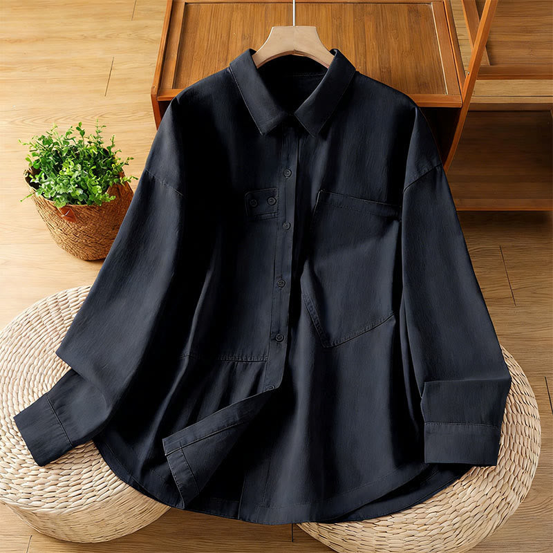 Buddha Stones 春の無地ラペル長袖レディースコットンシャツ（ポケット付き） - 黒 - US12、 UK/AU16、 EU44 (2XL) - image 10