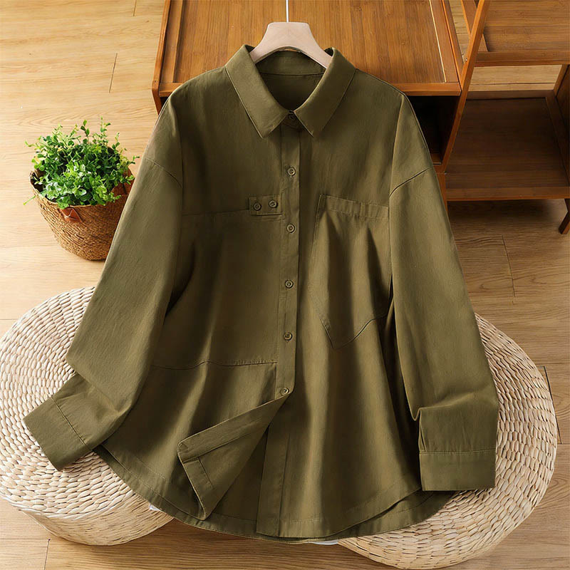 Buddha Stones 春の無地ラペル長袖レディースコットンシャツ（ポケット付き） - オリーブ - US12、 UK/AU16、 EU44 (2XL) - image 19