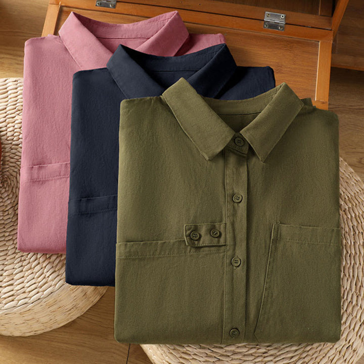 Buddha Stones 春の無地ラペル長袖レディースコットンシャツ（ポケット付き） - image 28