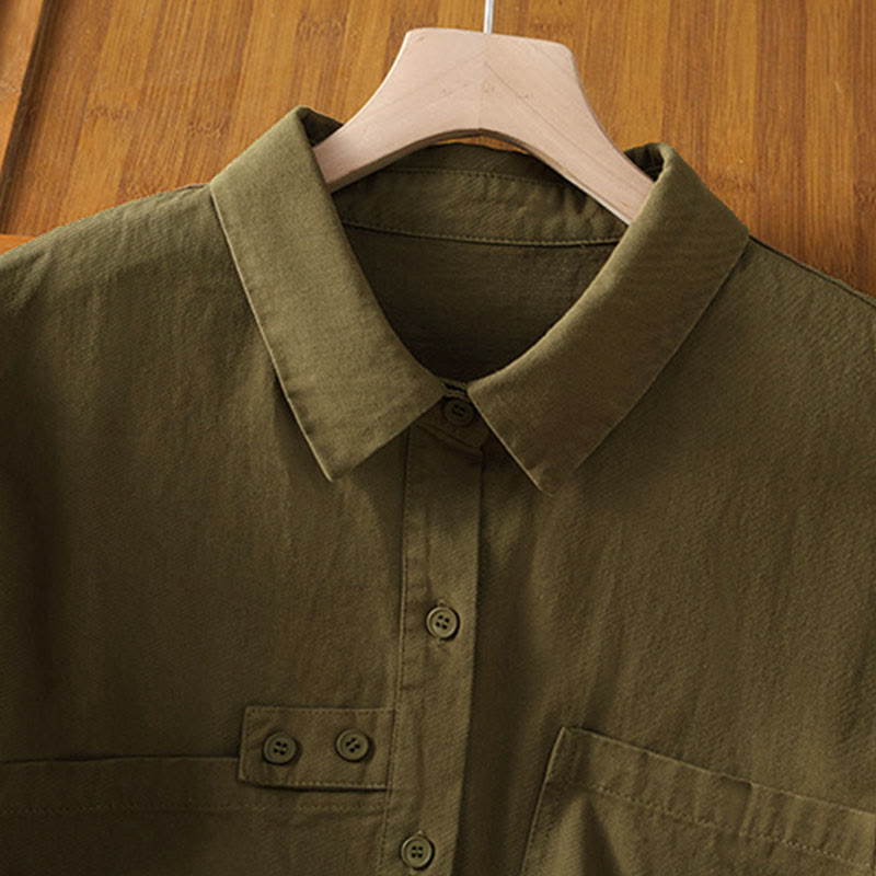 Buddha Stones 春の無地ラペル長袖レディースコットンシャツ（ポケット付き） - image 20