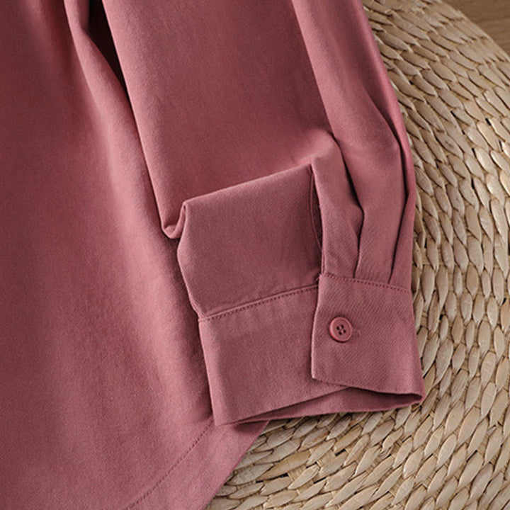 Buddha Stones 春の無地ラペル長袖レディースコットンシャツ（ポケット付き） - image 5