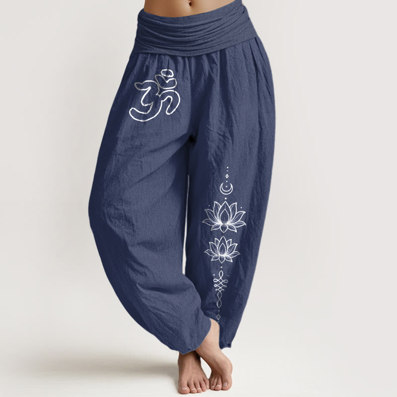Buddha Stones ピュアコットン ミニマリストデザイン オムシンボル ロータスムーン柄 レディース 伸縮性ウエスト ハーレムパンツ - ダークスレートブルー - US16、 UK/AU20、 EU48 (3XL) - image 5