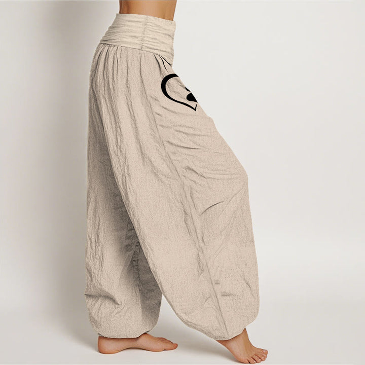 Buddha Stones ピュアコットン 簡潔な猫の足跡プリント ハート型柄 レディース 伸縮性ウエスト ハーレムパンツ - image 2