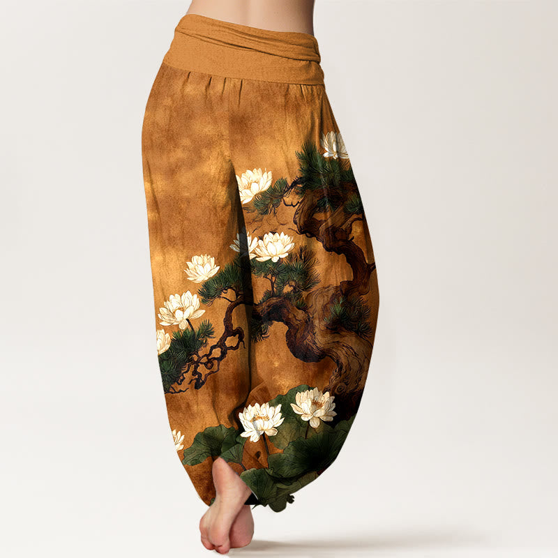 Buddha Stones ピュアコットンのエレガントな松と蓮の花の葉柄レディース伸縮性ウエストハーレムパンツ - image 1