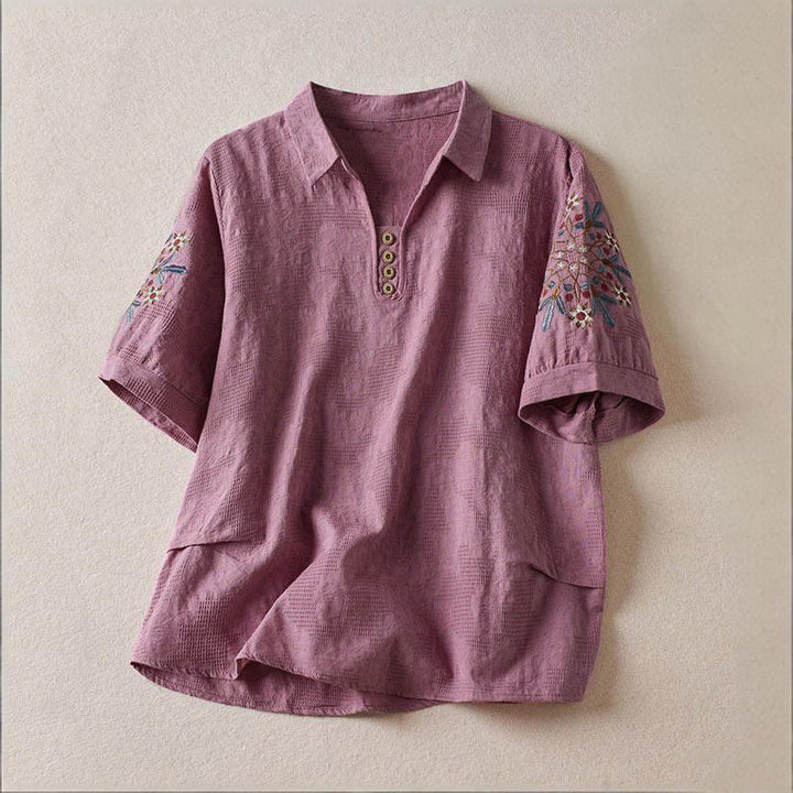 Buddha Stones カジュアル花柄ラペルレディースコットンTシャツ - ミディアムオーキッド - US12、 UK/AU16、 EU44 (3XL) - image 0