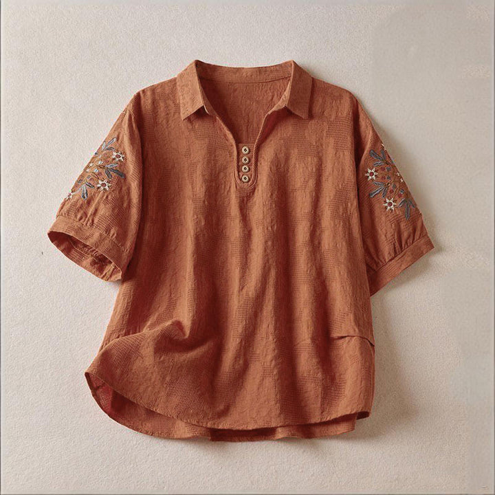 Buddha Stones カジュアル花柄ラペルレディースコットンTシャツ - チョコレート - US12、 UK/AU16、 EU44 (3XL) - image 15