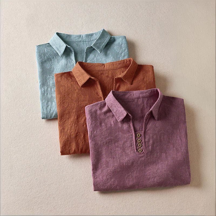 Buddha Stones カジュアル花柄ラペルレディースコットンTシャツ - image 23