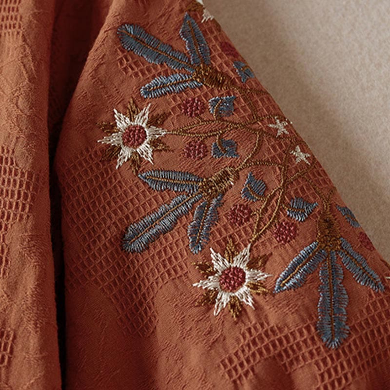 Buddha Stones カジュアル花柄ラペルレディースコットンTシャツ - image 18