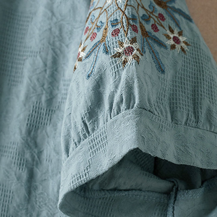 Buddha Stones カジュアル花柄ラペルレディースコットンTシャツ - image 10