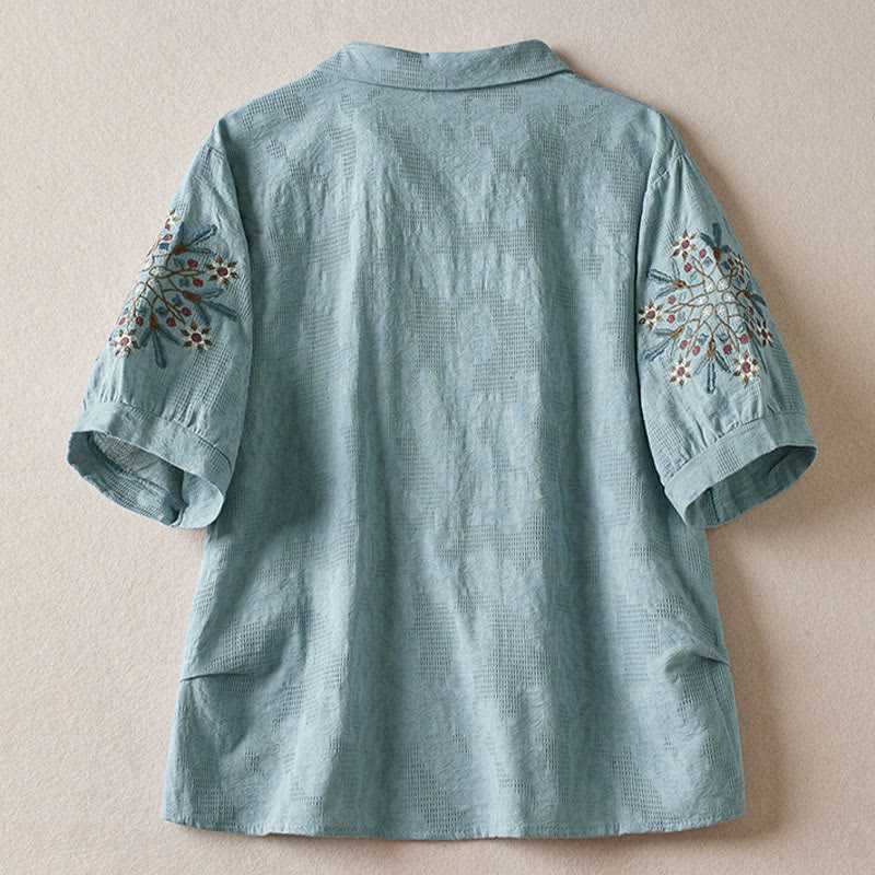 Buddha Stones カジュアル花柄ラペルレディースコットンTシャツ - image 9