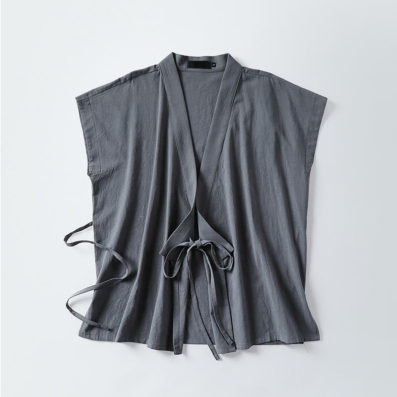 Buddha Stones 夏用無地Vネックノースリーブメンズコットンリネンベスト - image 1