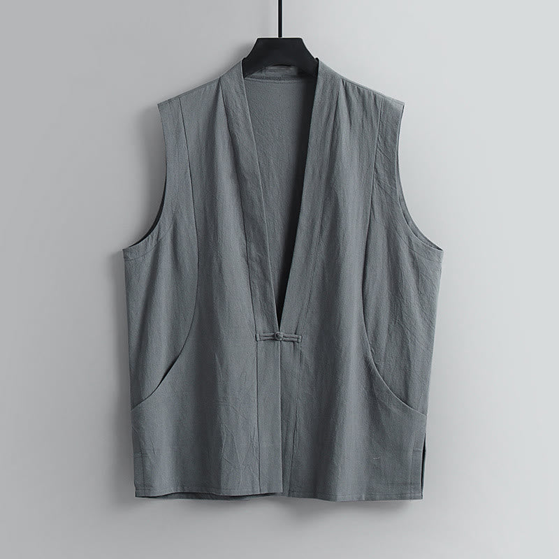 Buddha Stones 夏用無地Vネックフロッグボタンノースリーブメンズコットンリネンベスト - グレー - US/UK/AU54、 EU64 (9XL) - image 1