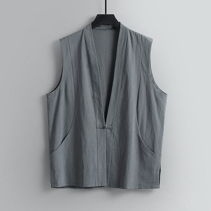 Buddha Stones 夏用無地Vネックフロッグボタンノースリーブメンズコットンリネンベスト - グレー - US/UK/AU54、 EU64 (9XL) - image 1