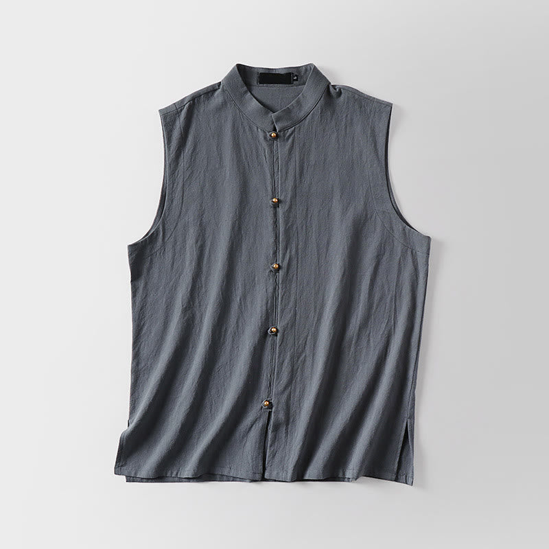 Buddha Stones 夏用無地スタンドカラーメンズコットンリネンノースリーブベスト - image 1