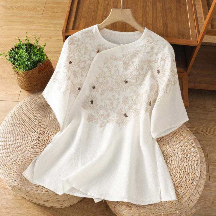 Buddha Stones カジュアル花柄クルーネックレディースコットンTシャツ - 白 - US8-10，UK/AU12-14，EU40-42 (2XL) - image 0