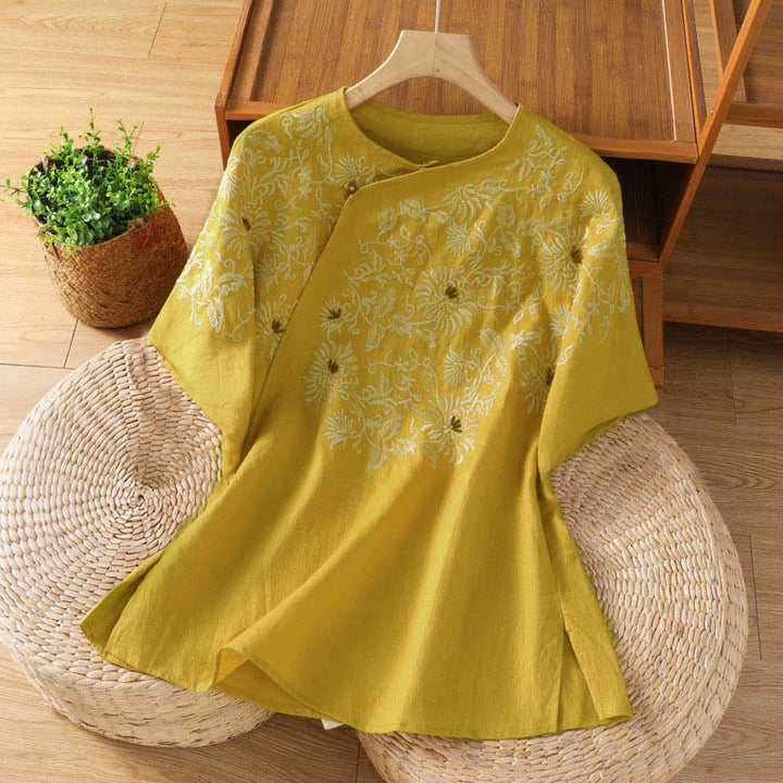 Buddha Stones カジュアル花柄クルーネックレディースコットンTシャツ - 金 - US8-10，UK/AU12-14，EU40-42 (2XL) - image 0