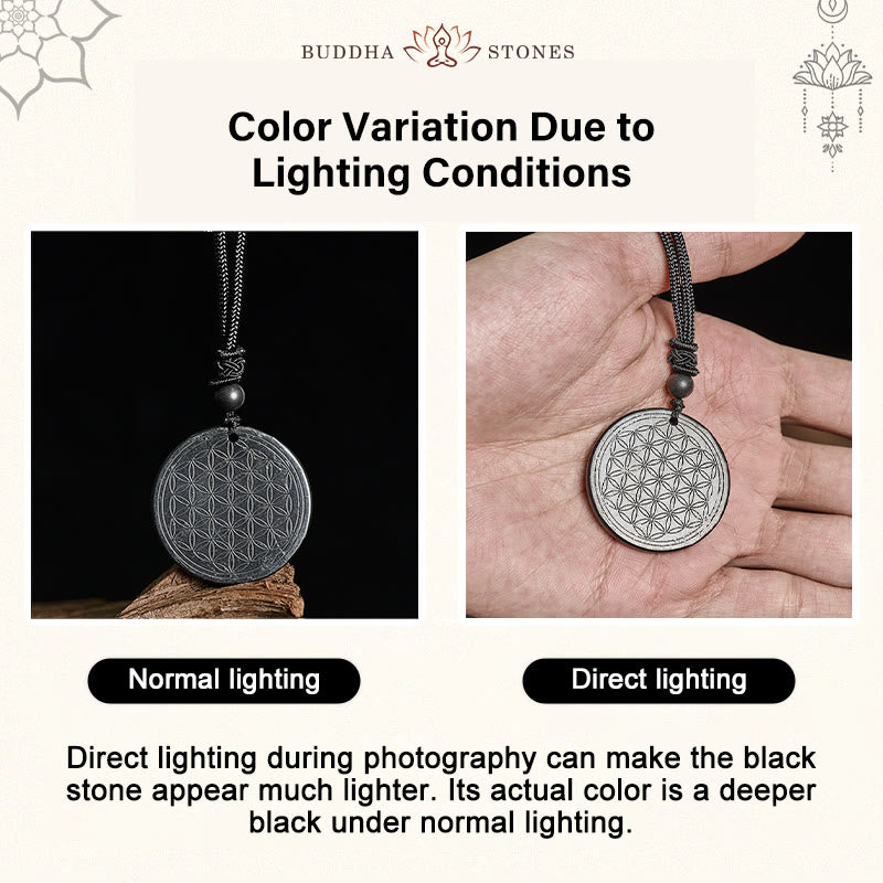 Buddha Stonesフラワーオブライフ彫刻デザイン本物のシュンガイトストーンプロテクションネックレスペンダント - image 12
