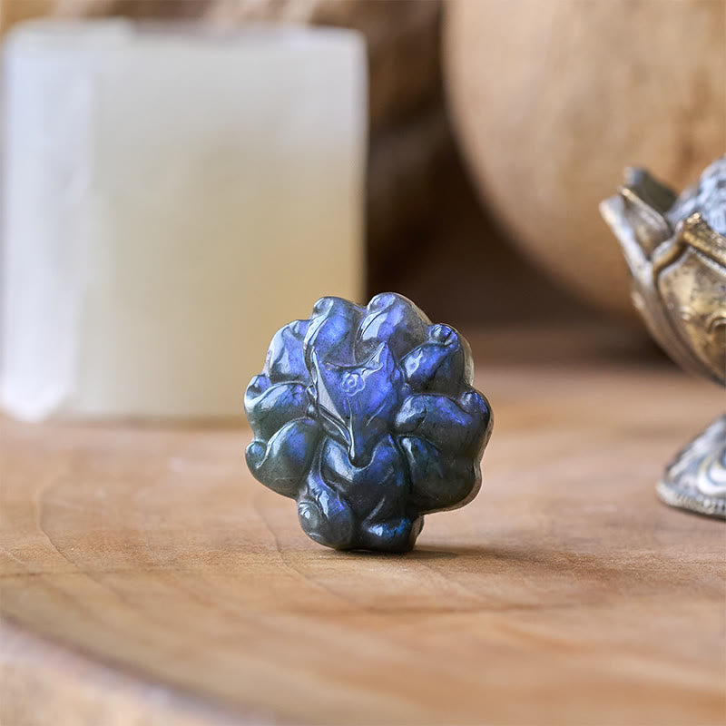 Buddha Stones 彫刻された九尾の狐のラブラドライトの置物 知恵の癒しの彫像装飾 - image 1