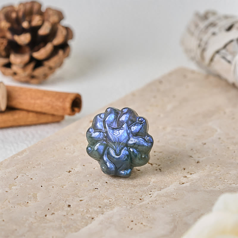 Buddha Stones 彫刻された九尾の狐のラブラドライトの置物 知恵の癒しの彫像装飾 - image 4