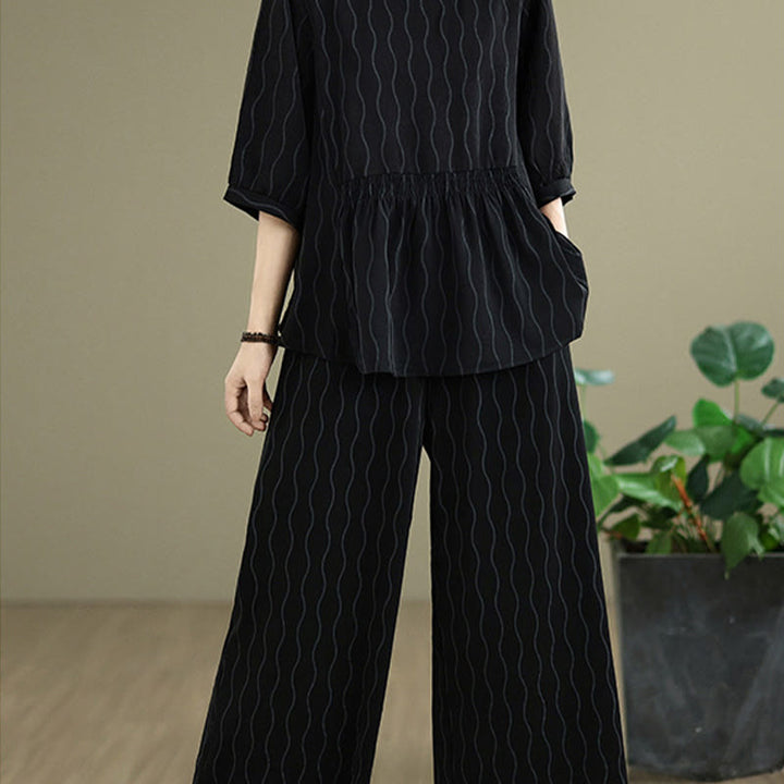 Buddha Stones ストライプ柄半袖シャツ ポリエステル 7丈ハーレムパンツ 2枚セット ポケット付き - image 14