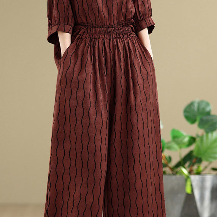 Buddha Stones ストライプ柄半袖シャツ ポリエステル 7丈ハーレムパンツ 2枚セット ポケット付き - image 25