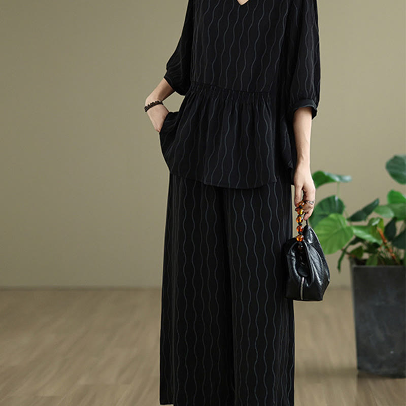 Buddha Stones ストライプ柄半袖シャツ ポリエステル 7丈ハーレムパンツ 2枚セット ポケット付き - image 15