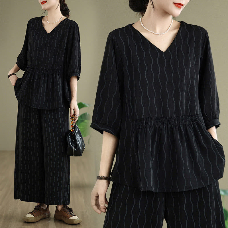 Buddha Stones ストライプ柄半袖シャツ ポリエステル 7丈ハーレムパンツ 2枚セット ポケット付き - image 21