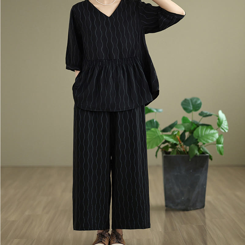 Buddha Stones ストライプ柄半袖シャツ ポリエステル 7丈ハーレムパンツ 2枚セット ポケット付き - image 13