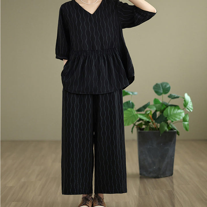 Buddha Stones ストライプ柄半袖シャツ ポリエステル 7丈ハーレムパンツ 2枚セット ポケット付き - image 13