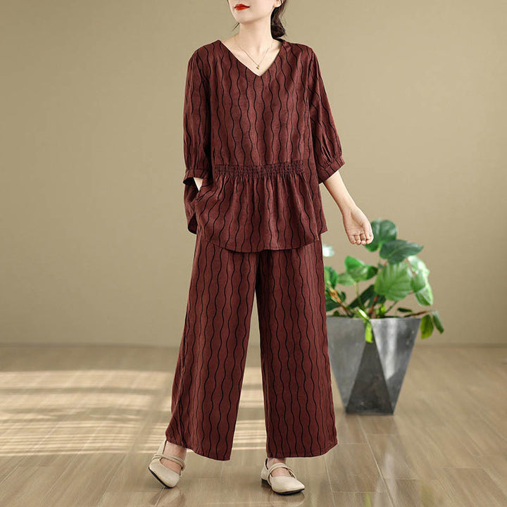 Buddha Stones ストライプ柄半袖シャツ ポリエステル 7丈ハーレムパンツ 2枚セット ポケット付き - ダークレッド - US12、 UK/AU16、 EU44 (3XL) - image 22