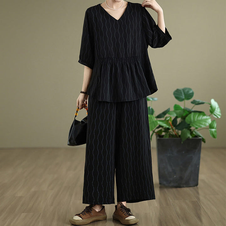 Buddha Stones ストライプ柄半袖シャツ ポリエステル 7丈ハーレムパンツ 2枚セット ポケット付き - image 11