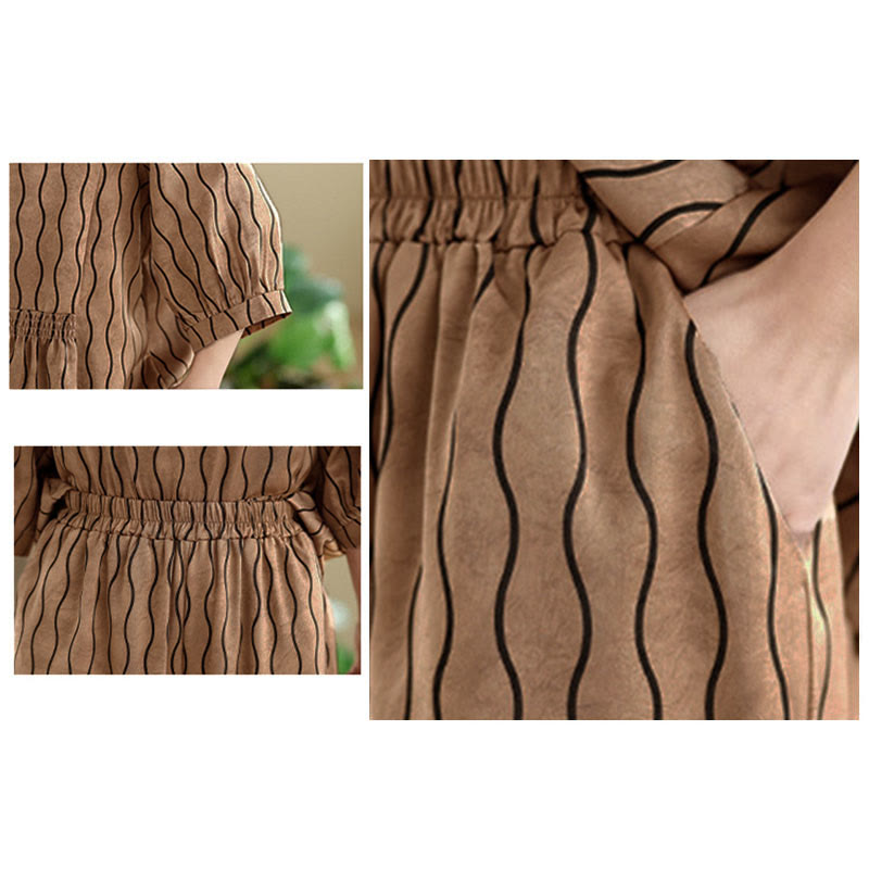 Buddha Stones ストライプ柄半袖シャツ ポリエステル 7丈ハーレムパンツ 2枚セット ポケット付き - image 8