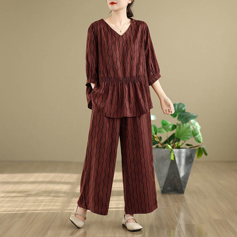 Buddha Stones ストライプ柄半袖シャツ ポリエステル 7丈ハーレムパンツ 2枚セット ポケット付き - ダークレッド - US12、 UK/AU16、 EU44 (3XL) - image 22