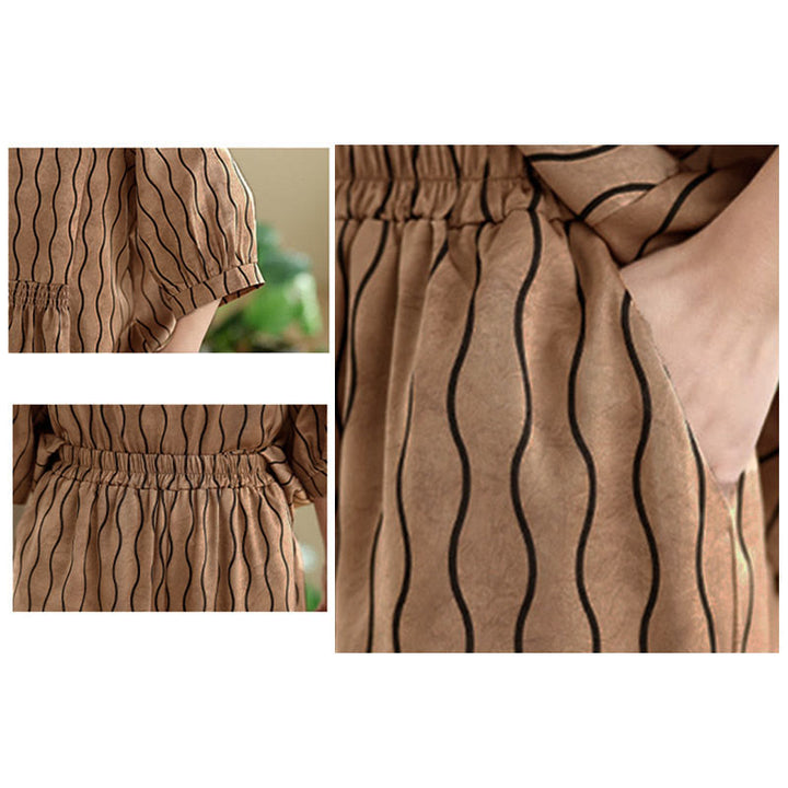 Buddha Stones ストライプ柄半袖シャツ ポリエステル 7丈ハーレムパンツ 2枚セット ポケット付き - image 8