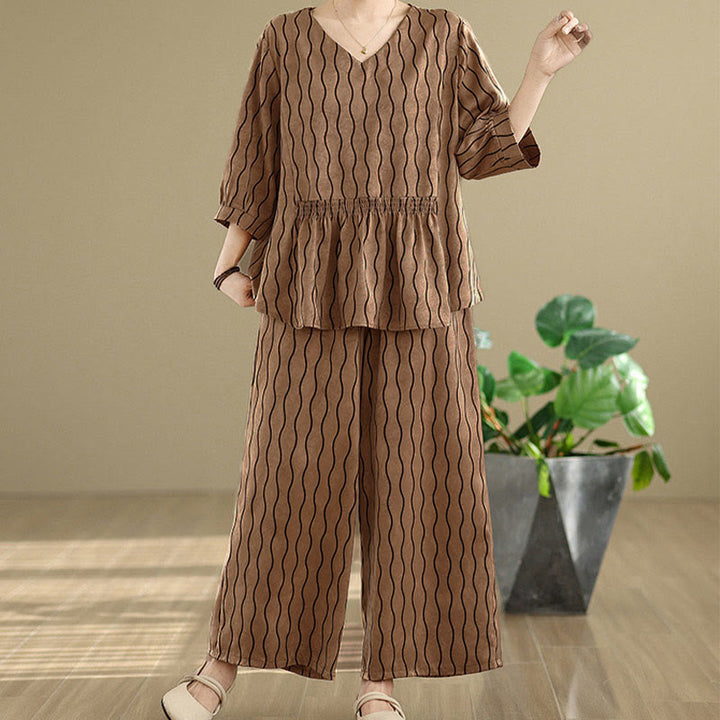 Buddha Stones ストライプ柄半袖シャツ ポリエステル 7丈ハーレムパンツ 2枚セット ポケット付き - ペルー - US12、 UK/AU16、 EU44 (3XL) - image 0