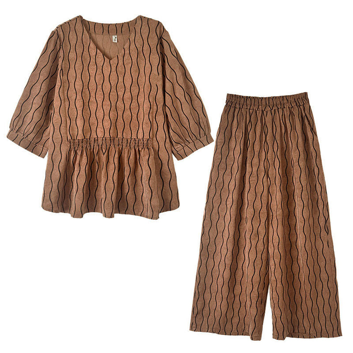 Buddha Stones ストライプ柄半袖シャツ ポリエステル 7丈ハーレムパンツ 2枚セット ポケット付き - image 9